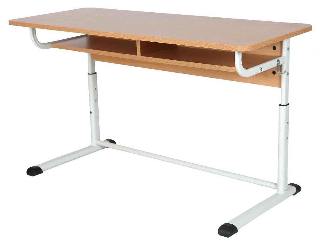 Стіл учнівський лабораторний, 2-місний з полицею, покриття стільниці - пластик HPL, на плоскоовальній трубі, ростові групи №4-7, АЛМАНТ, 1200х500х640-820 мм.